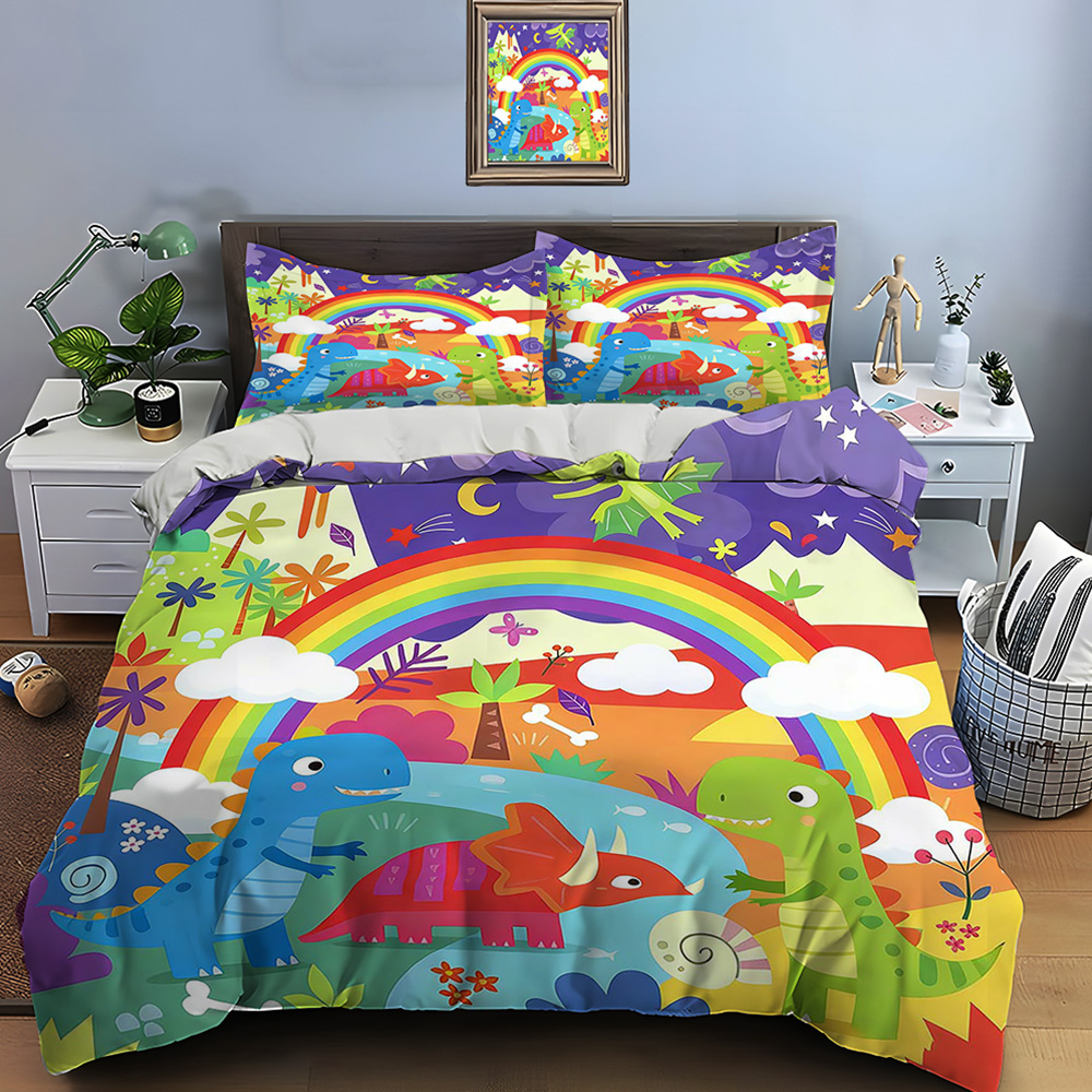 Duvet Cover Sets With Zipper - Cartoon Dinosaur World and Rainbow Pattern