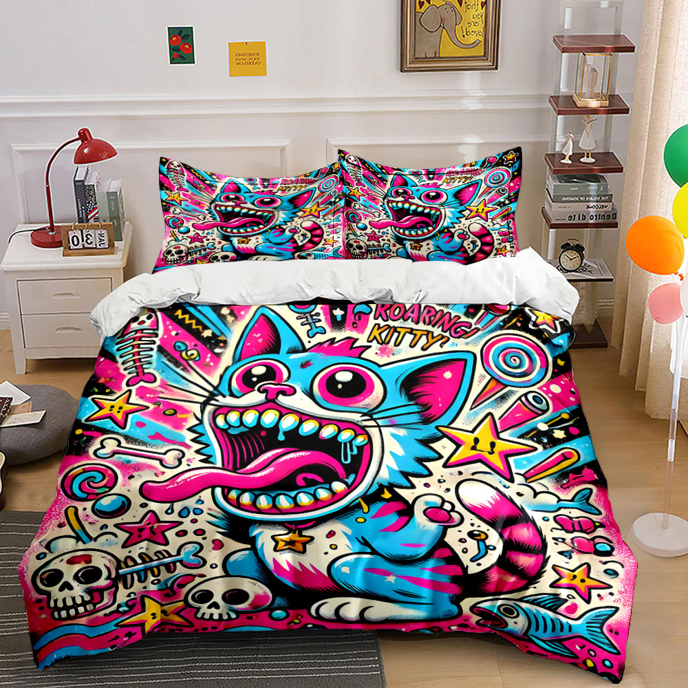Duvet Cover Sets With Zipper - Pop graffiti style roaring cat Pattern