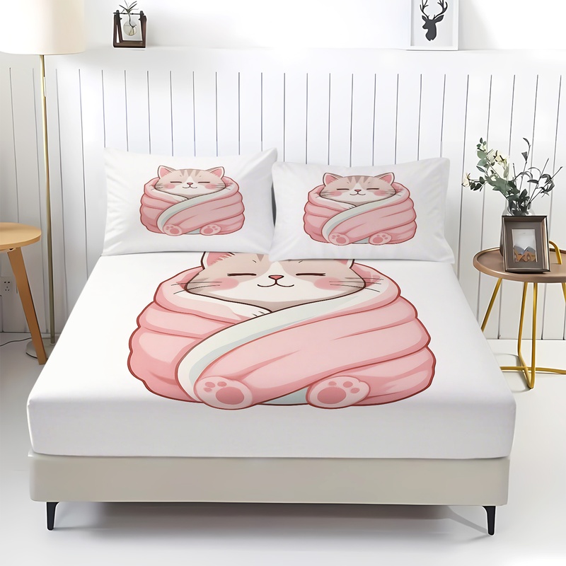 Cute Cat Print Fitted Sheet Se - огляд і ціна Fitted Bed Sheets Deep Pocket